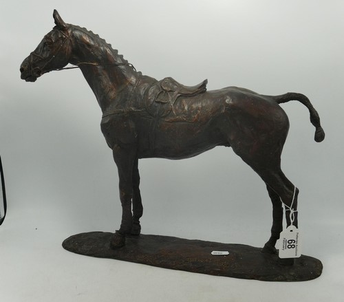 A Belina Sillars bronze affect sculpture of a race horse on plinth