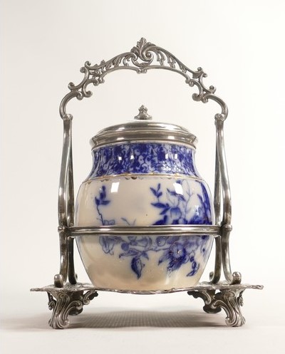A Carlton Ware Wiltshaw & Robinson metal mounted centrepiece lidded jar, decorated in blue & white Catalpa floral