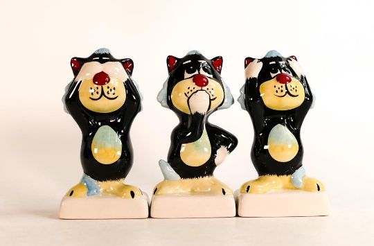 A set of 3 Lorna Bailey wise monkey cat figures